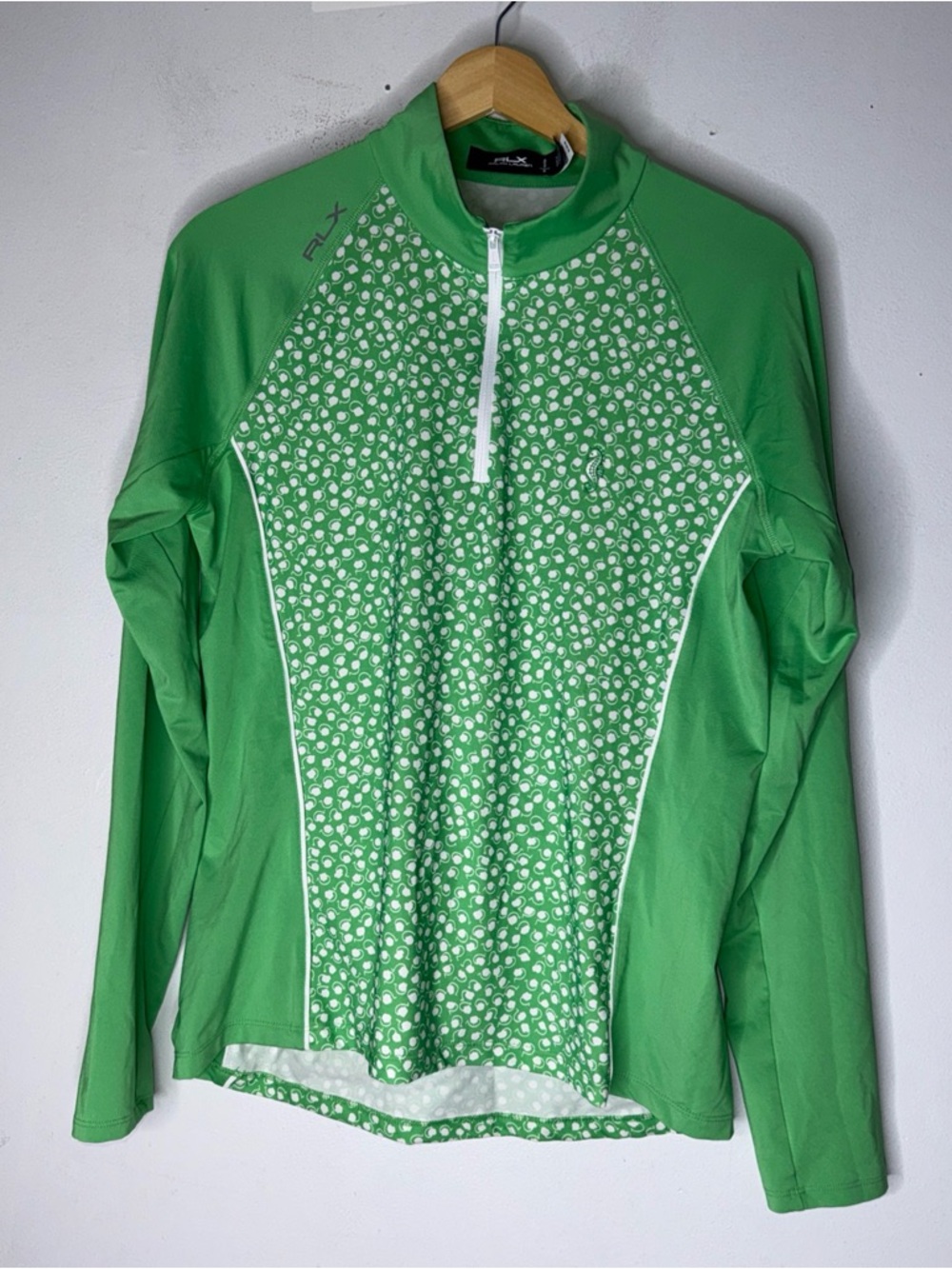 Ralph Lauren RLX Green Pattern Long Sleeve Gold Mock Neck Top Medium‎